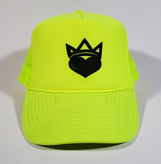 Fluorescent Yellow & Black "King/Queen Of Heart" Trucker Hat - Official Crown Store