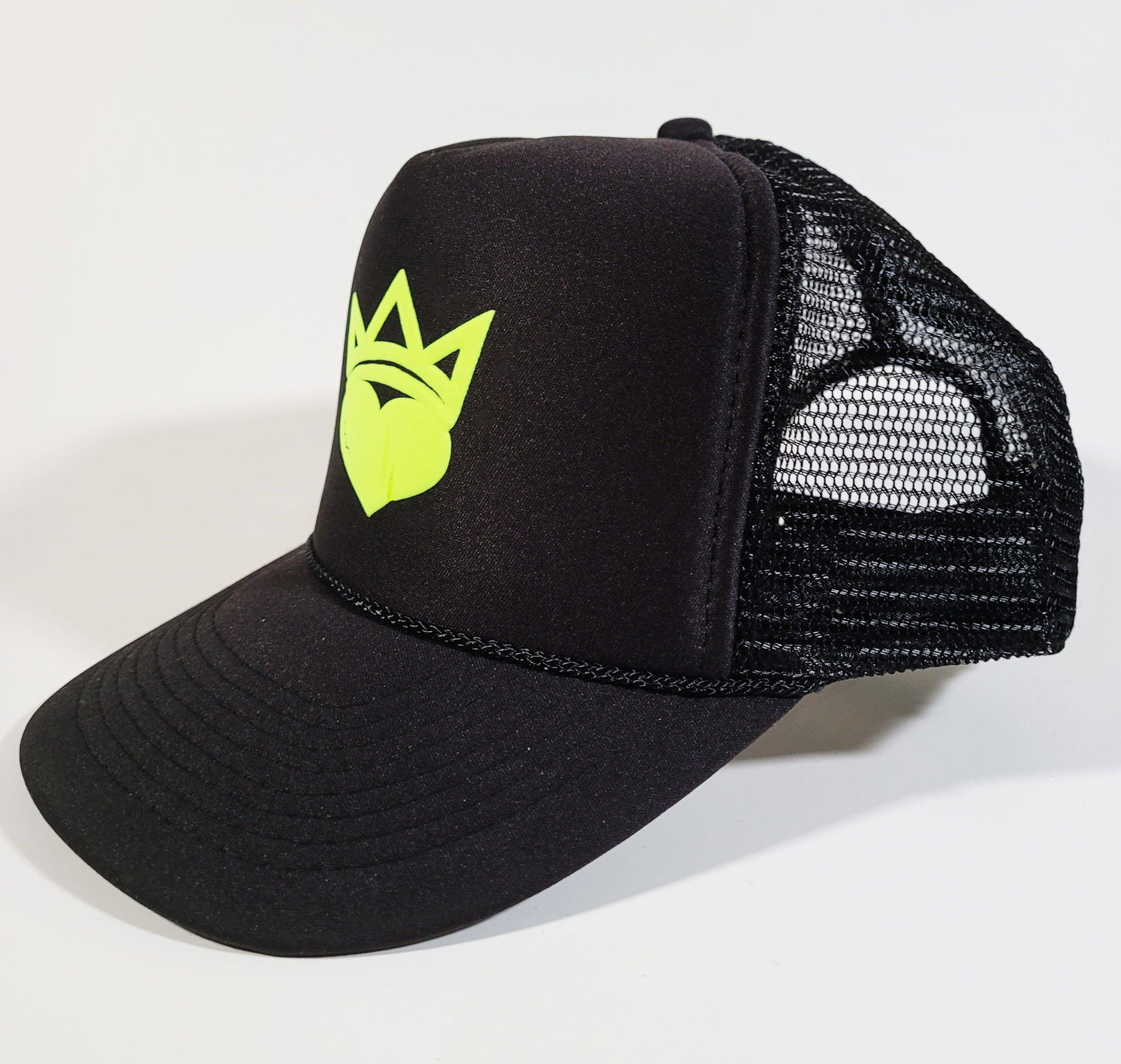 Black & Fluorescent Yellow "King/Queen Of Hearts" Trucker Hat - Official Crown Store