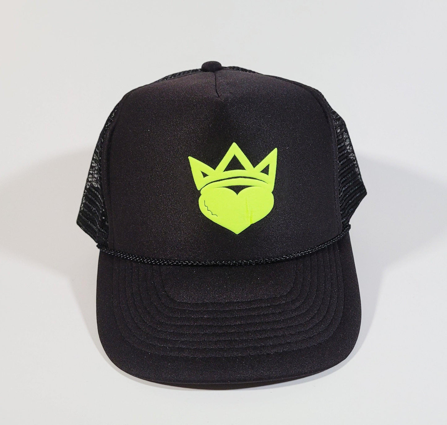 Black & Fluorescent Yellow "King/Queen Of Hearts" Trucker Hat - Official Crown Store
